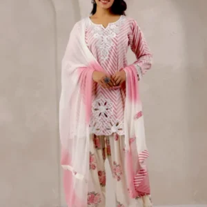 English pink colour lehriya printed farsi suit set