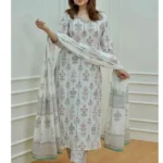 White Floral Cotton Kurti With Palazzo & Dupatta Set