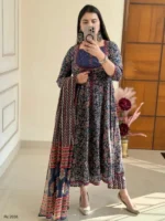 Blue color azrakh print cotton anarkali suit set
