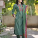 Green Cotton SSlub Handloom Kurta Pant with Dupatta Set