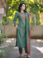 Green Cotton SSlub Handloom Kurta Pant with Dupatta Set