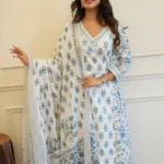 Grey White Cotton Afghani Kurti With Pant & Dupatta Set