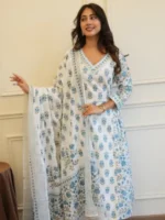 Grey White Cotton Afghani Kurti With Pant & Dupatta Set