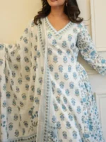 Grey White Cotton Afghani Kurti With Pant & Dupatta Set