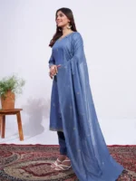 Denim Blue Grace Rayon Embroidered Kurti Pant Dupatta Set
