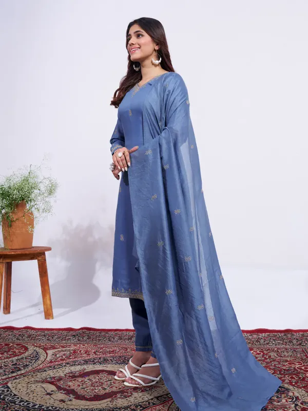 Denim Blue Grace Rayon Embroidered Kurti Pant Dupatta Set