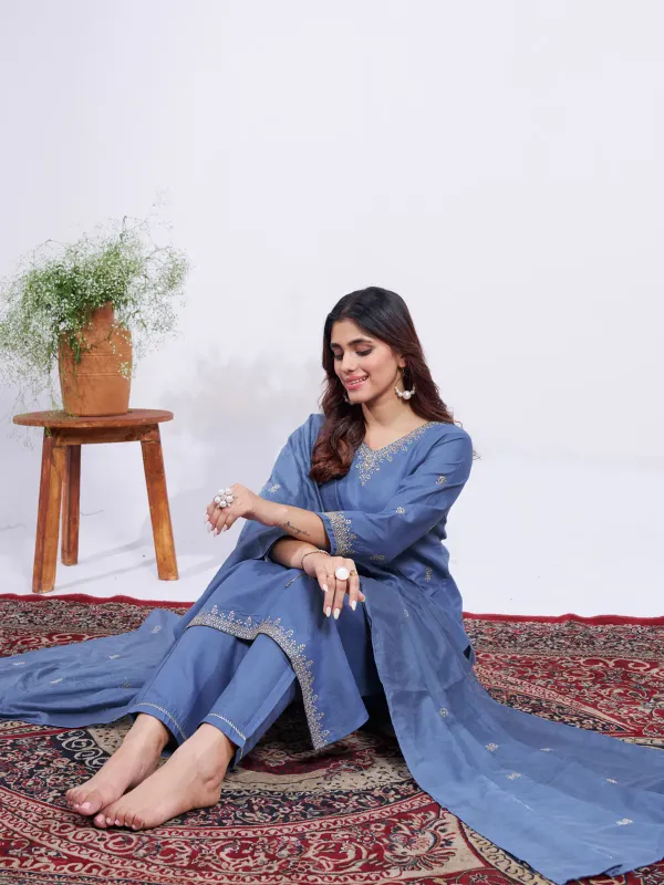Denim Blue Grace Rayon Embroidered Kurti Pant Dupatta Set