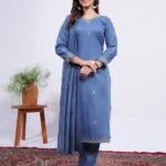 Denim Blue Grace Rayon Embroidered Kurti Pant Dupatta Set