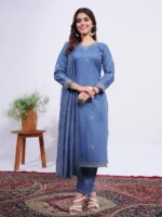 Denim Blue Grace Rayon Embroidered Kurti Pant Dupatta Set