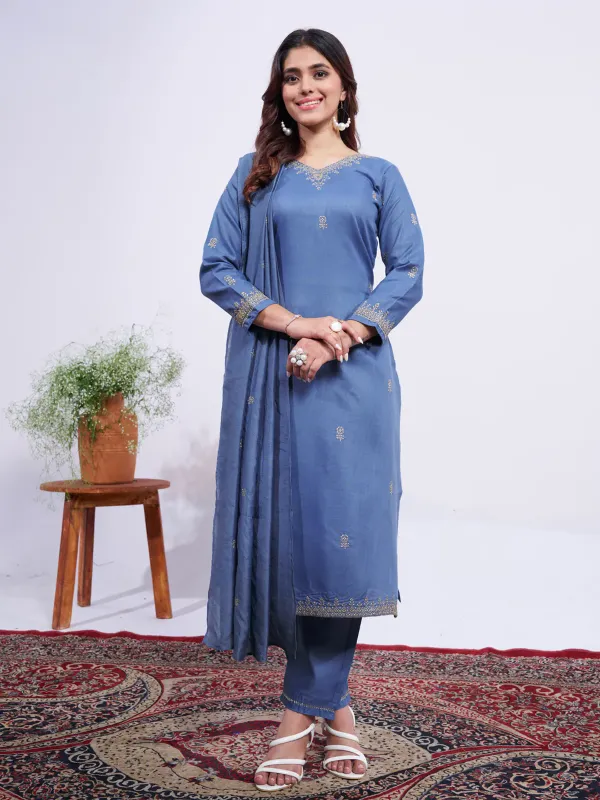 Denim Blue Grace Rayon Embroidered Kurti Pant Dupatta Set
