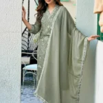 Elegant Pista Green Rayon Printed Kurti Pant Dupatta Set
