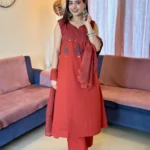 Brick color cotton printed suit set