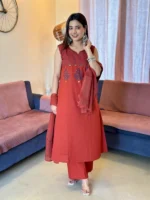Brick color cotton printed suit set