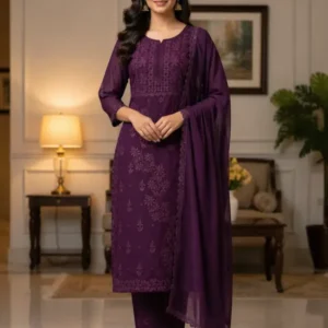 Wine Color Chikankari Kurti Set with Dupatta