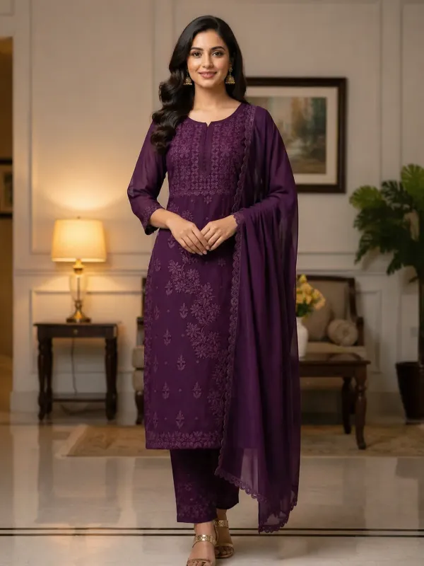 Wine Color Chikankari Kurti Set with Dupatta
