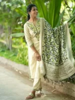 Off white Khadi cotton Suit set with Green and Blue embroidery Work