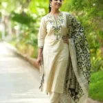 Off white Khadi cotton Suit set with Green and Blue embroidery Work