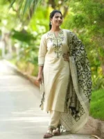 Off white Khadi cotton Suit set with Green and Blue embroidery Work