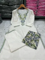 Off white Khadi cotton Suit set with Green and Blue embroidery Work