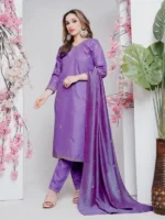 Lavender Elegance Rayon Embroidered Kurti Pant Dupatta Set