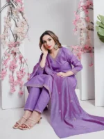 Lavender Elegance Rayon Embroidered Kurti Pant Dupatta Set