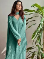 Pastel Teal Georgette Chikankari Embroidery Kurta With Pant & Dupatta