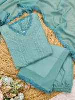 Pastel Teal Georgette Chikankari Embroidery Kurta With Pant & Dupatta