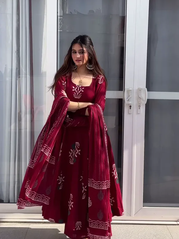 Maroon Handblock Anarkali Set