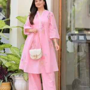 Pink Cotton Threadwork A Line Kurta Set