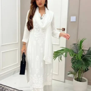 Premium White Maslin Embroidered Kurti Set With Palazzo & Dupatta