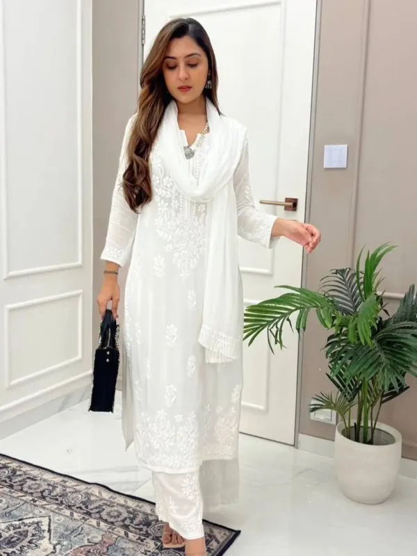 Premium White Maslin Embroidered Kurti Set With Palazzo & Dupatta