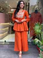 Rusty Red Embroidered Cotton Co Ord Set