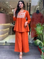 Rusty Red Embroidered Cotton Co Ord Set