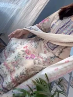 Luxury Pastel Cream Floral Printed Muslin Suit Set with Designer Dupatta
