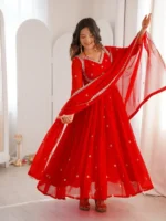 Red Embroidered Anarkali Suit Set with Dupatta
