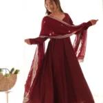 Chanderi Silk Maroon Anarkali Gown With Pant & Dupatta Set