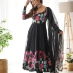 Flower Black Printed Anarkali Gown With Pant & Dupatta Set