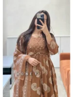 Brown Cotton Printed Anarkali with Attached Jacket Detailing with Pants and Dupatta