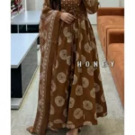 Brown Cotton Printed Anarkali with Attached Jacket Detailing with Pants and Dupatta