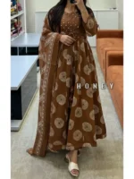 Brown Cotton Printed Anarkali with Attached Jacket Detailing with Pants and Dupatta
