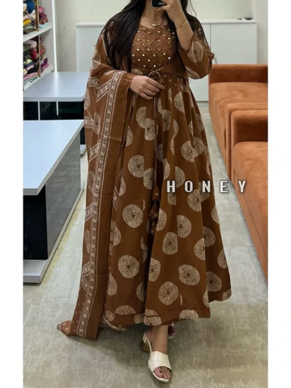 Brown Cotton Printed Anarkali with Attached Jacket Detailing with Pants and Dupatta
