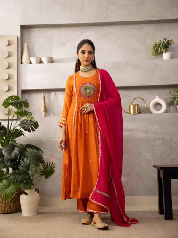 Rust Peacock Motif Laado Kurta Set