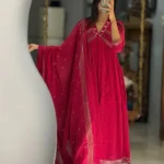 Red Mul Cotton Designer Embroidered Anarkali 3 Piece Set