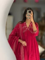 Red Mul Cotton Designer Embroidered Anarkali 3 Piece Set