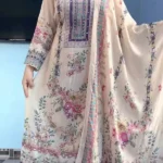 Luxury Pastel Cream Floral Printed Muslin Suit Set with Designer Dupatta