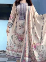 Luxury Pastel Cream Floral Printed Muslin Suit Set with Designer Dupatta