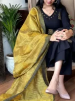 Black And Yellow Trendy Design Cotton Kurta & yello Pant Set