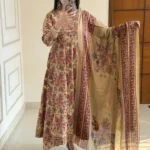 Cream color cotton floral printed angarkha A line suit set