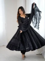 Black Sequined Anarkali Suit Set with Dupatta – Elegant Party & Festive Wear