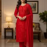 Red Color Chikankari Kurti Set With Dupatta